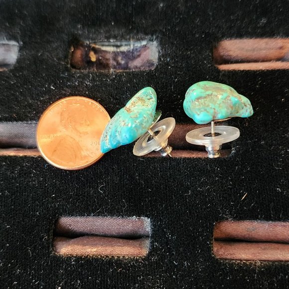 Turquoise Earrings on Studs with Large, Natural Nuggets Sky Blue - Picture 2 of 3